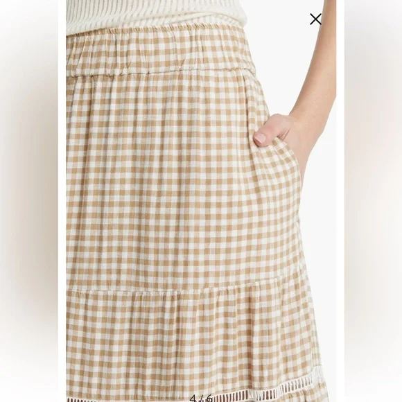 Madewell Gingham Tiered Linen Blend Maxi Skirt Tan Cream XS - Picture 10 of 11